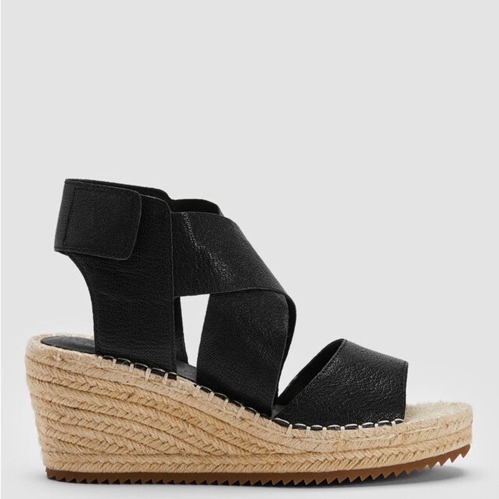 Eileen Fisher Black Leather Crisscross Espadrille Wedge Sandals